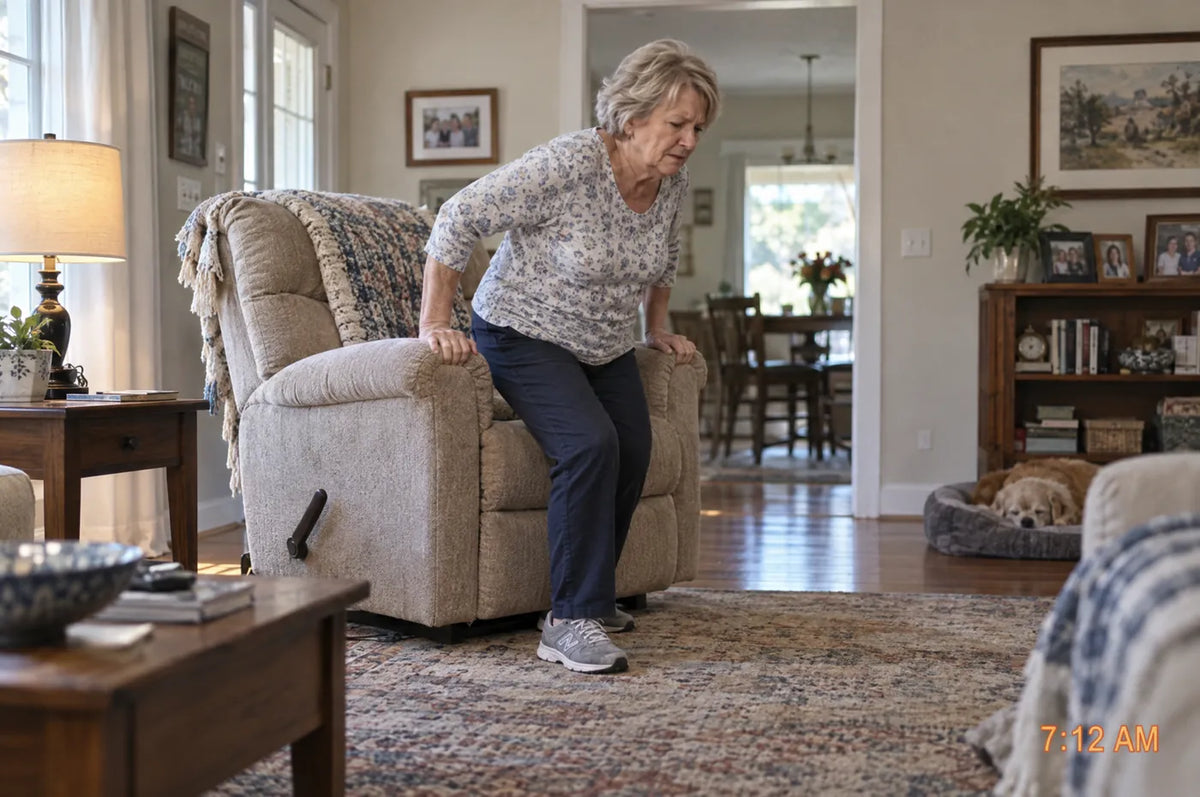 Woman around 68 pushing on both armrests of a recliner to get up