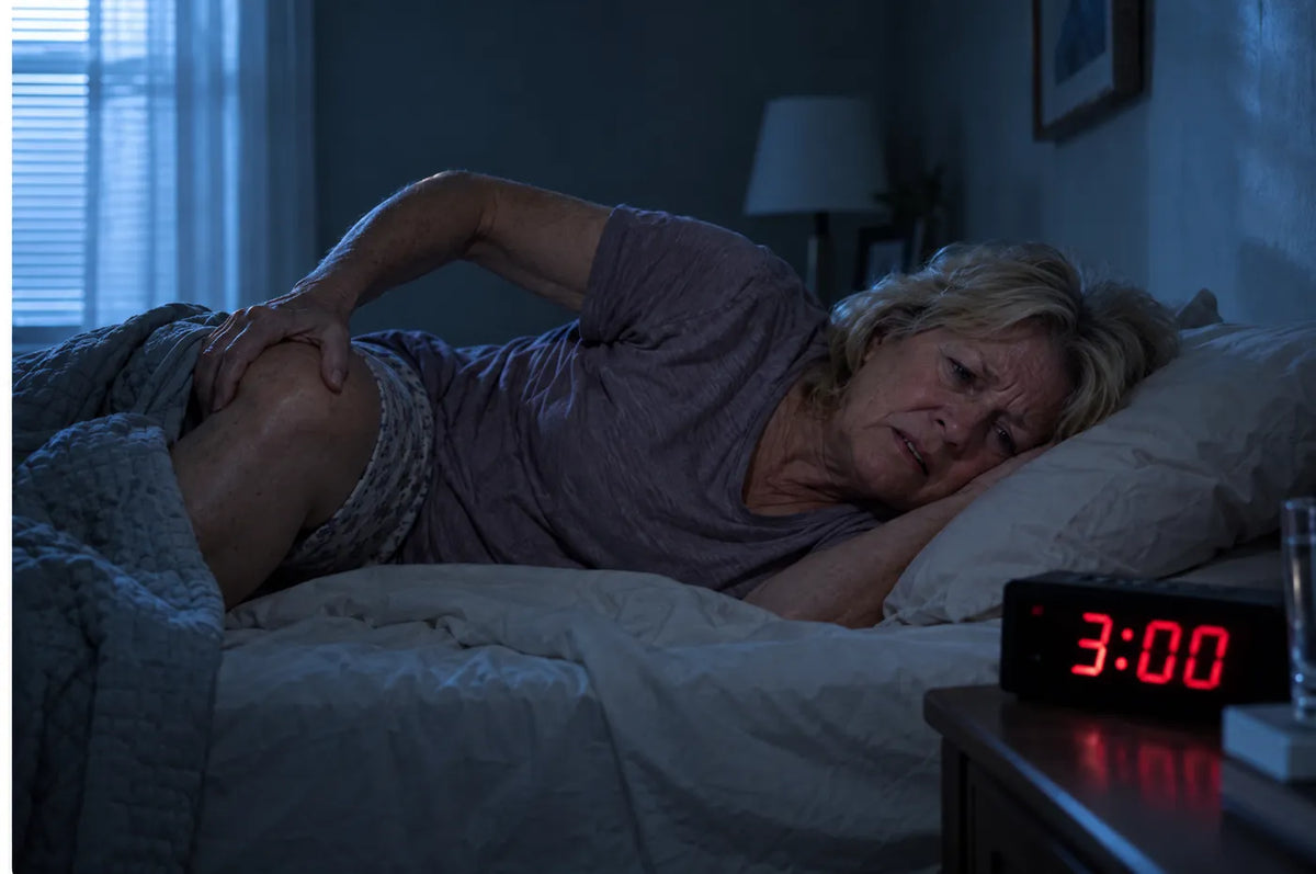 Woman in her late 60s awake in bed in the dark, knee outside the blanket, red alarm clock showing 3:00