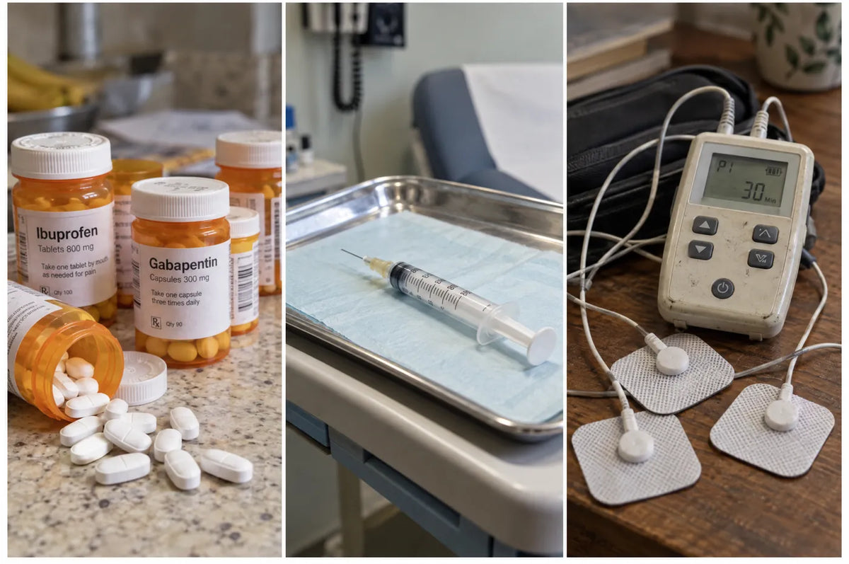 Collage: pill bottles / cortisone syringe on a clinic tray / old TENS unit with sticky pads and wires