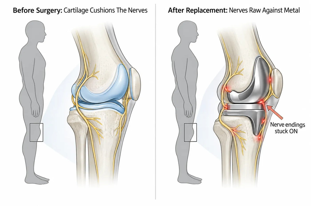 Diagram, 2 panels: Before Surgery: Cartilage Cushions The Nerves | After Replacement: Nerves Raw Against Metal