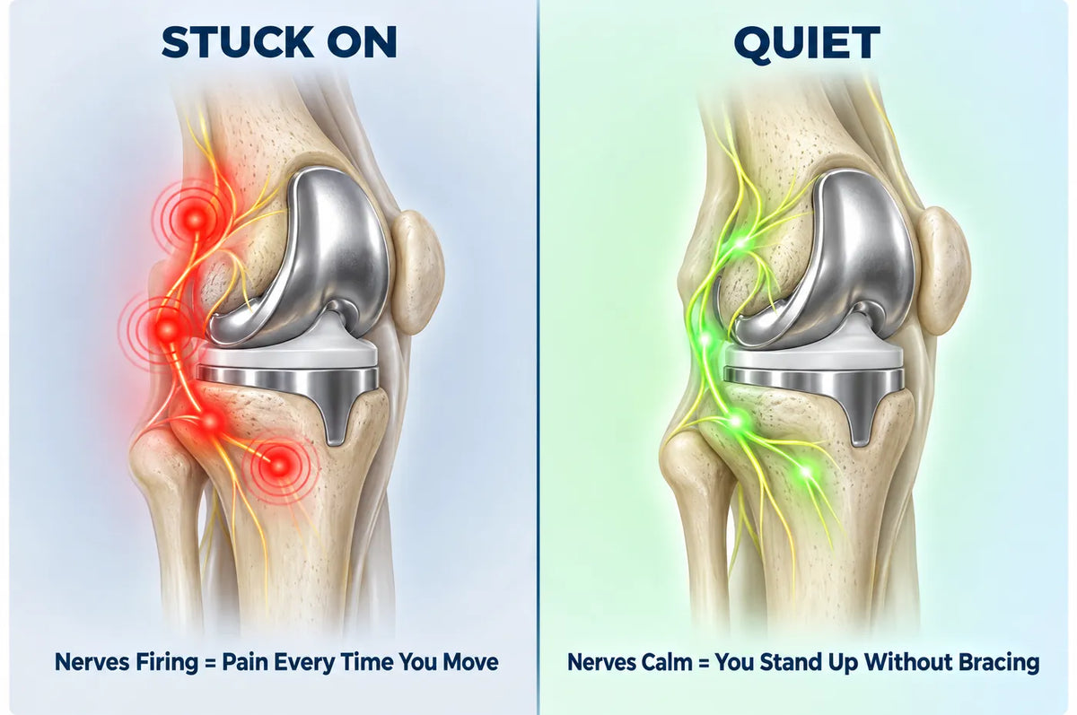 Diagram, 2 panels: STUCK ON (red firing nerve endings around the implant) | QUIET (calm green nerve endings)