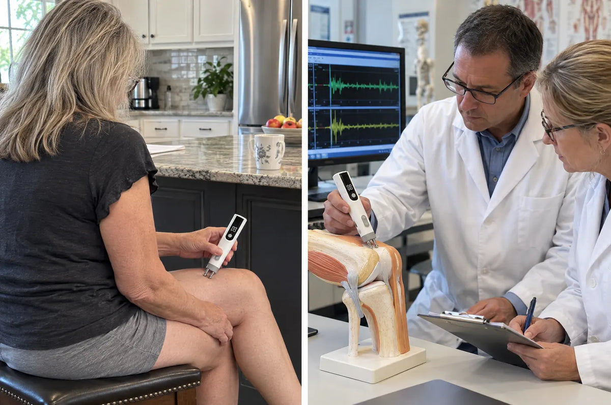 2 photos: woman around 68 at home pressing Pointex to the inside of her knee / two physical therapists testing Pointex on an anatomical knee model