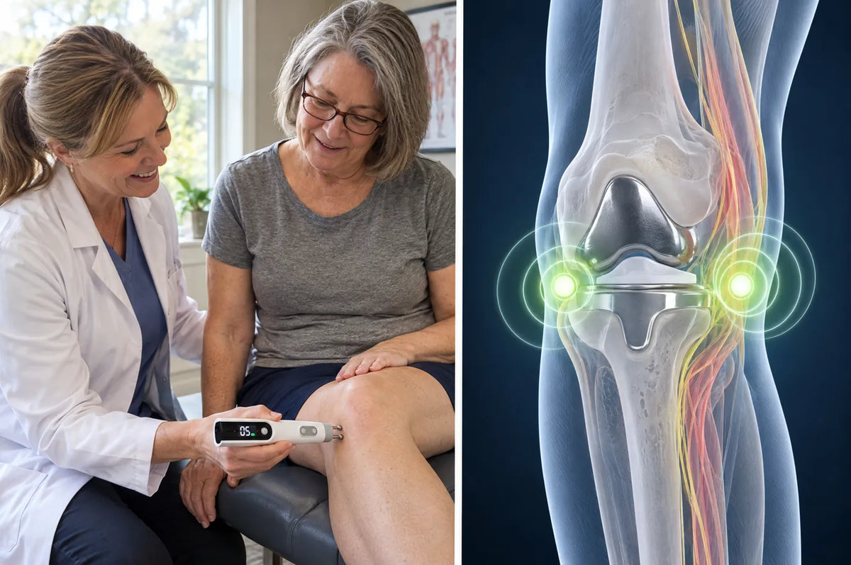 2 photos: woman standing up from a dining chair without using her hands / illustration of a knee implant with nerve endings fading from red to calm green
