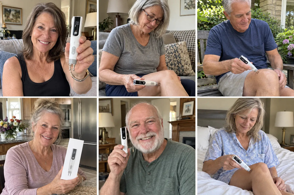 UGC collage of 6: people 60-75 using Pointex on their knee (sofa, kitchen chair, garden bench, bed, holding the box, showing it)